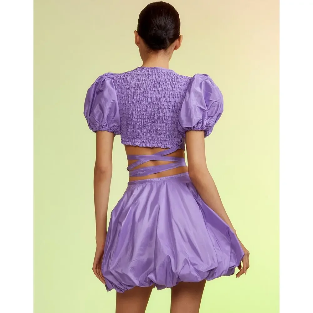 Cynthia Rowley Luna Taffeta Smocked Wrap Tie Top & Bubble Skirt in Purple